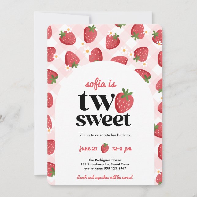 Two Sweet Strawberry 2nd Birthday Invitation (Front)