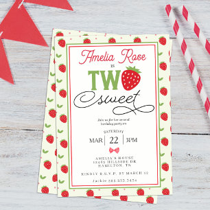 Two Sweet Strawberry 2nd Birthday Party Invitation