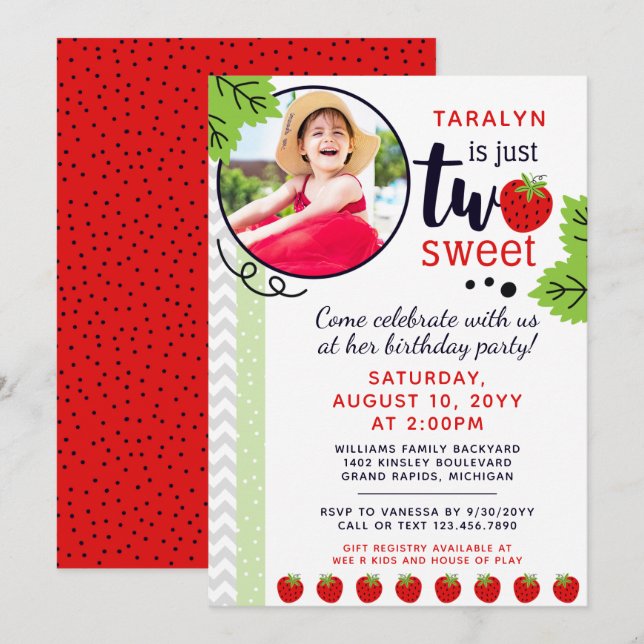 TWO Sweet Strawberry Baby 2nd Second Birthday Invitation (Front/Back)