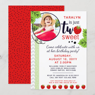 TWO Sweet Strawberry Baby 2nd Second Birthday Invitation