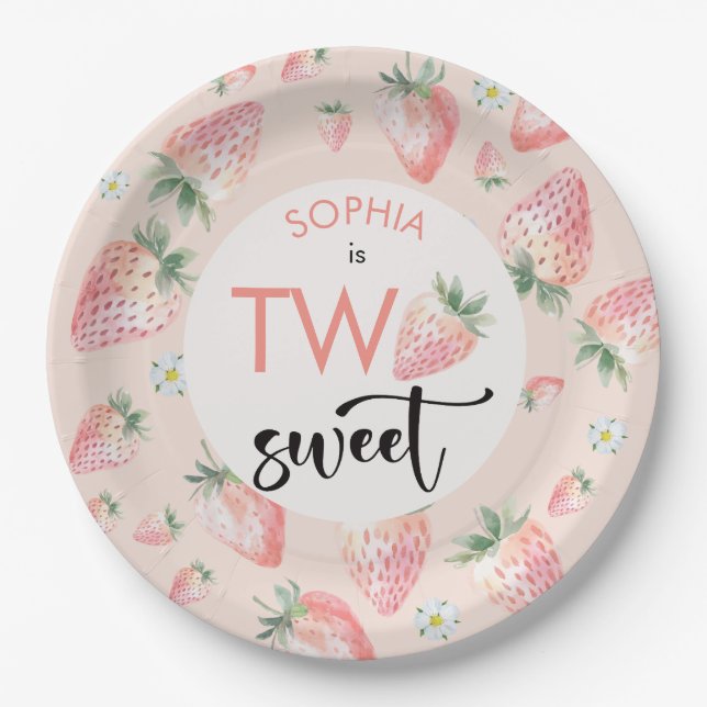 Two sweet strawberry kids birthday paper plate (Front)