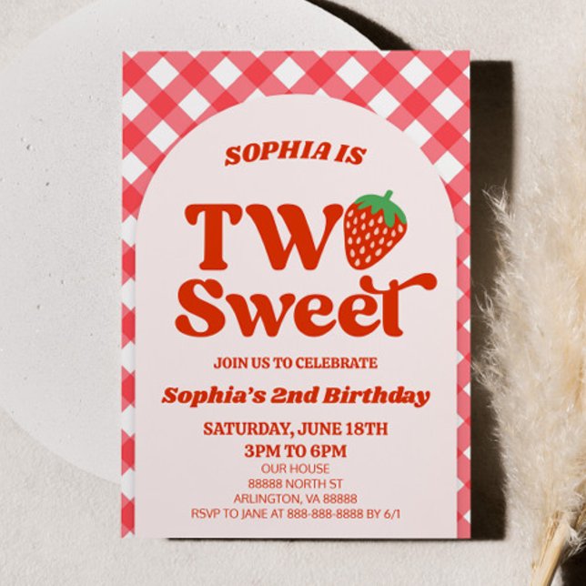 Two Sweet Strawberry Red Pink 2nd Birthday Party Invitation (Creator Uploaded)