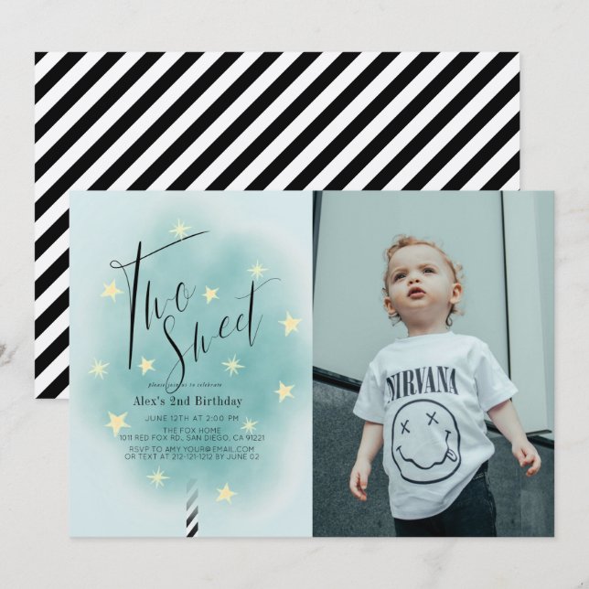 Two Sweet Teal Cotton Candy 2nd Birthday Photo Invitation (Front/Back)