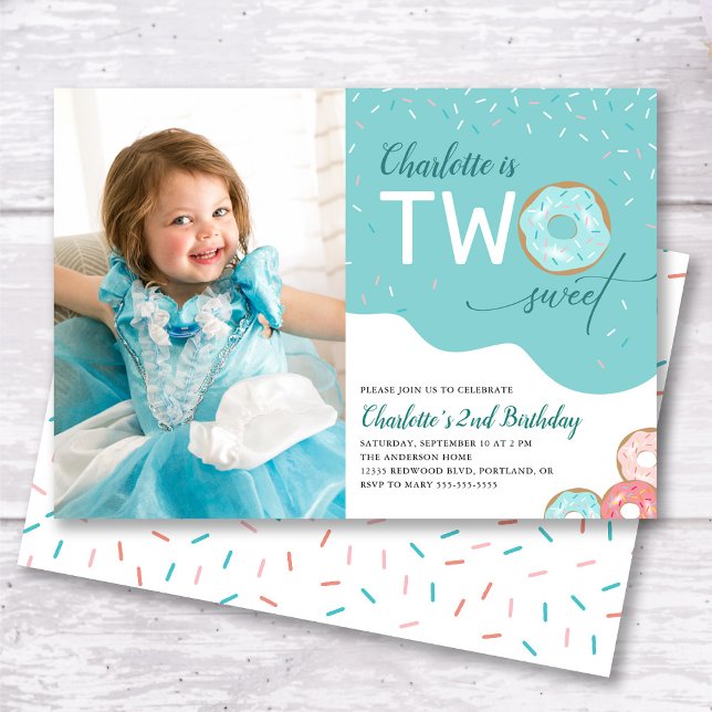 Two Sweet Teal Girls 2nd Birthday Photo Invitation (Creator Uploaded)