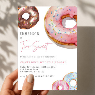 Two Sweet Watercolor Doughnut 2nd Birthday Invitation