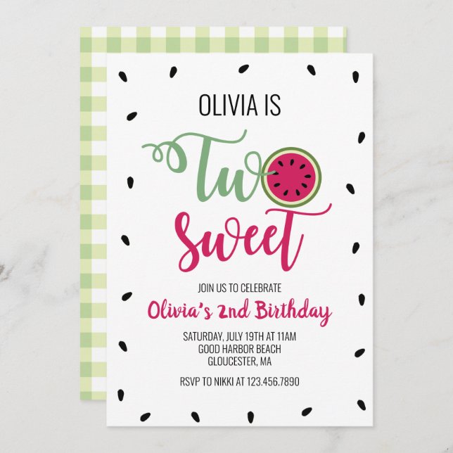 Two Sweet Watermelon 2nd Birthday Invitation (Front/Back)