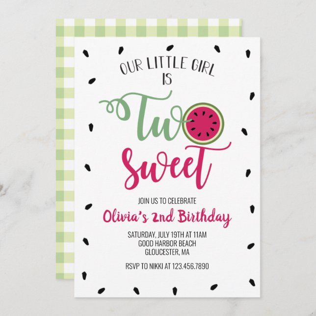 Two Sweet Watermelon 2nd Birthday Invitation (Front/Back)