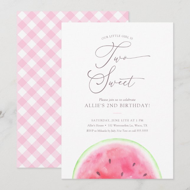 Two Sweet Watermelon 2nd Birthday Party Invitation (Front/Back)
