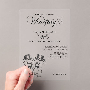 Two Teddy Bear Grooms in Top Hats Wedding Acrylic Invitations