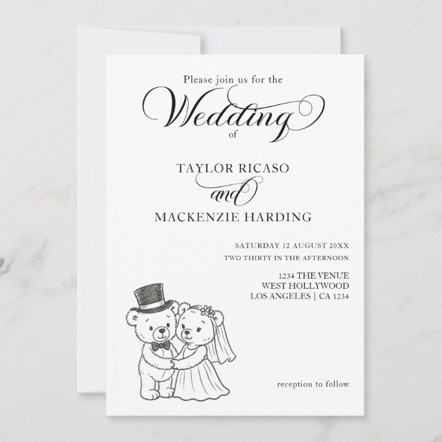 Two Teddy Bears Bride and Groom Wedding Invitation (Front)