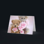 two teddy bears holding roses greeting card<br><div class="desc">well-loved generic stuffed animals with fresh miniature pink roses</div>
