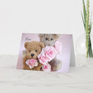 two teddy bears holding roses Mother's Day card