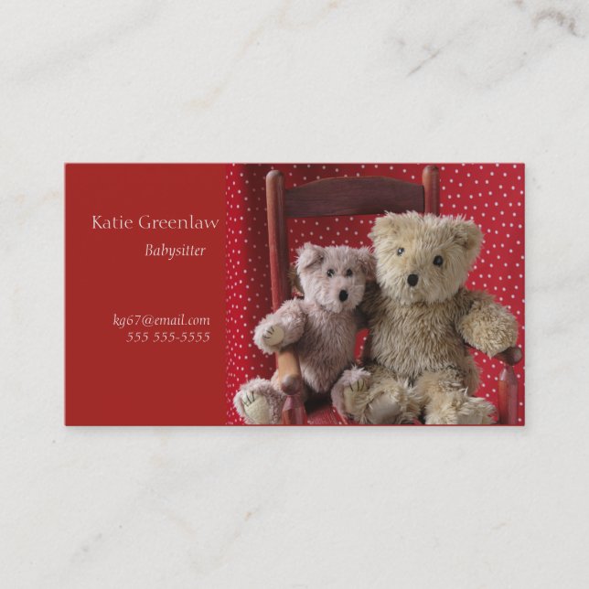 Two teddy bears in a red chair babysitter business card (Front)