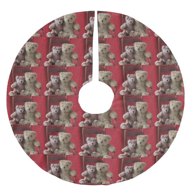 Two teddy bears in a red chair brushed polyester tree skirt (Front)