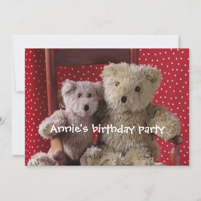 two teddy bears in a red chair invitation (Front)