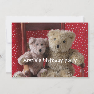 two teddy bears in a red chair invitation