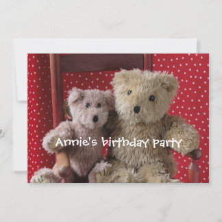 two teddy bears in a red chair invitation