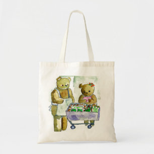 Two teddy bears shopping ai generated tote bags