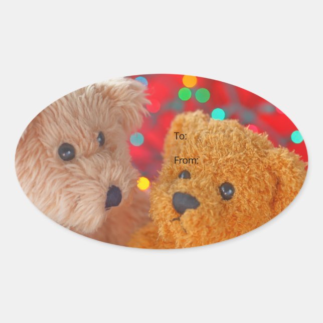 Two teddy bears with Christmas lights Oval Sticker (Front)