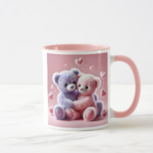 Two teddy cubs that hug each other. mug