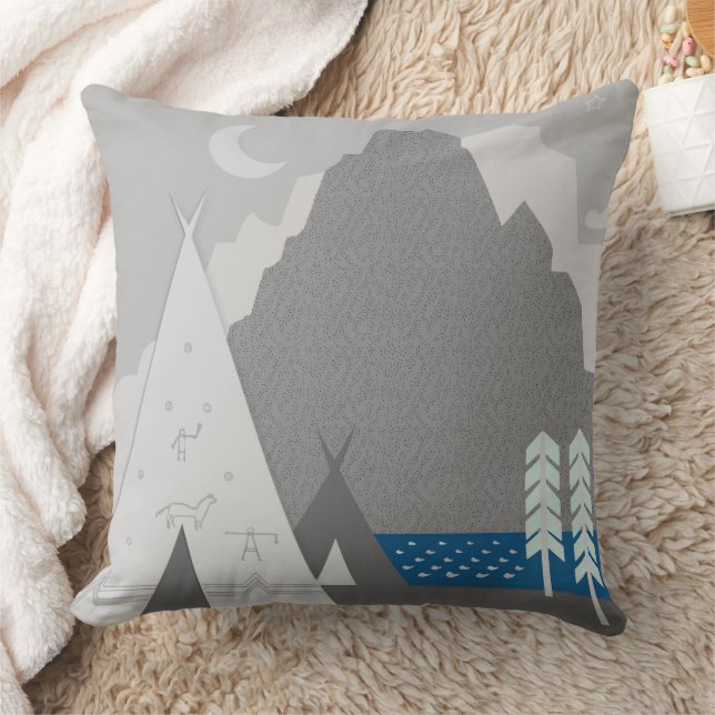 Two Teepees Three Pine Trees Mountain Moon Cushion (Blanket)