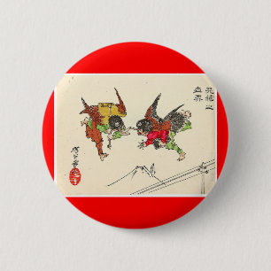 Two Tengu colliding. Mt. Fuji background, c. 1882 6 Cm Round Badge