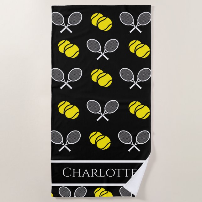 Two Tennis Balls and White Rackets Pattern Black H Beach Towel (Front)