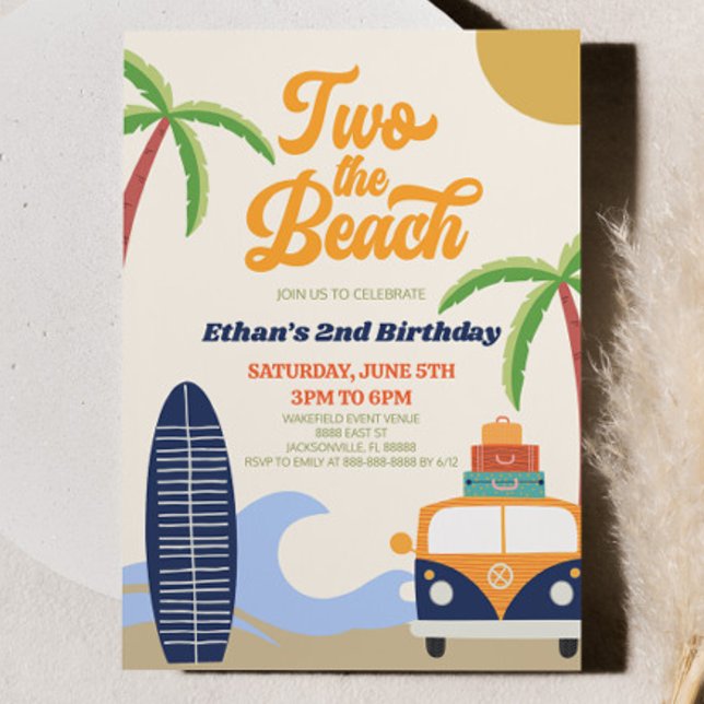 Two The Beach Surf Blue Retro 2nd Birthday Party Invitation (Creator Uploaded)