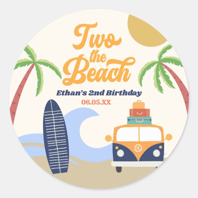 Two The Beach Surf Board 2nd Birthday Party Classic Round Sticker (Front)