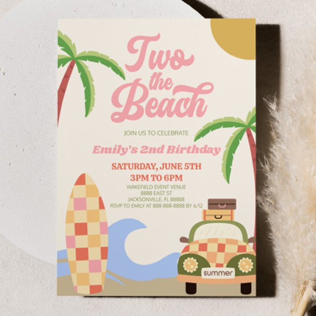 Two The Beach Surf Pink Retro 2nd Birthday Party Invitation (Creator Uploaded)