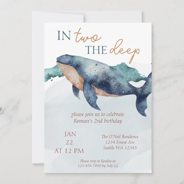 Two the Deep Whimsical Ocean Whale Invitation (Front)