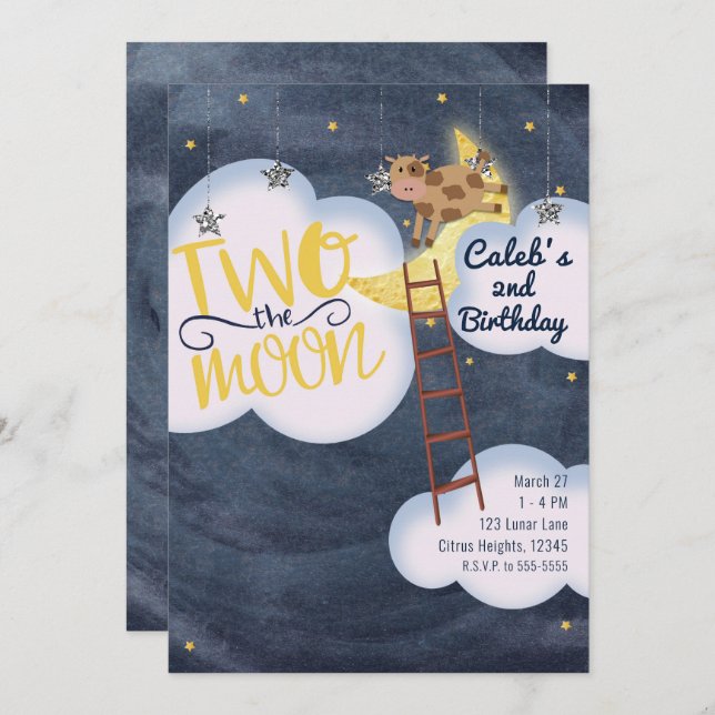 TWO THE MOON 2nd 2 Birthday Cow Nursery Rhyme Invitation (Front/Back)