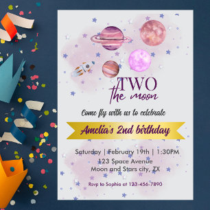 Two The Moon 2nd Birthday Girl Moon Stars Rocket  Invitation