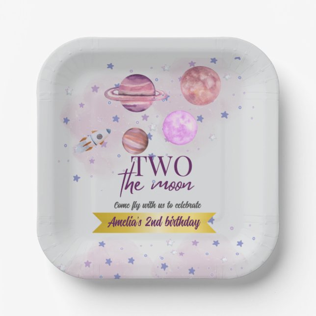 Two The Moon 2nd Birthday Girl Moon Stars Rocket  Paper Plate (Front)