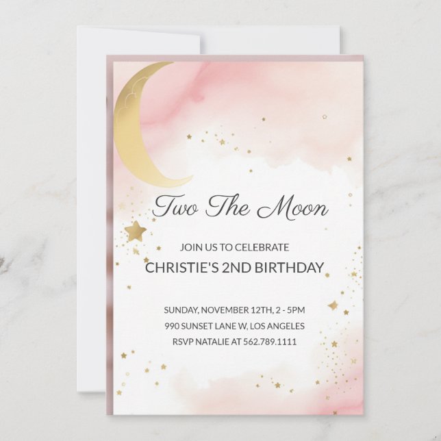 Two The Moon: 2nd Birthday Invitation Pink, Gold (Front)