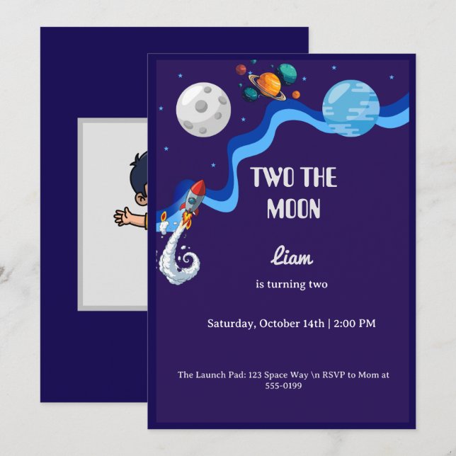 Two the Moon 2nd Birthday Invitation Space Rocket  (Front/Back)