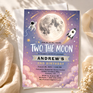 Two The Moon 2nd Birthday Invite Purple Gold