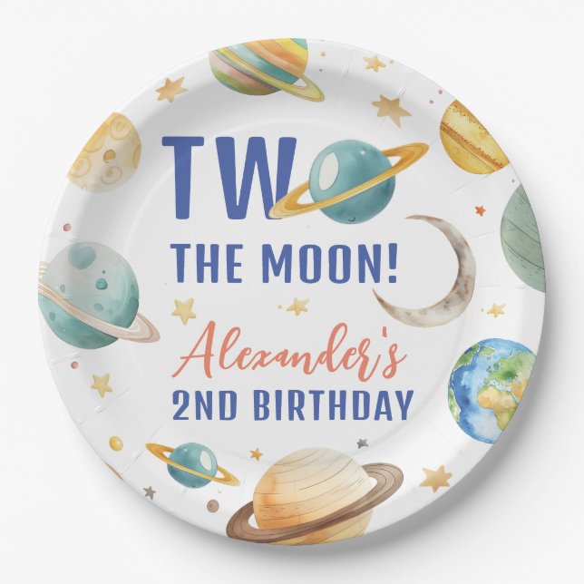 Two The Moon 2nd Birthday Space Galaxy  Paper Plate (Front)