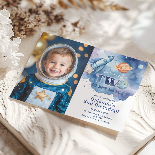Two the Moon and back Space Photo 2nd Birthday Invitation (Creator Uploaded)