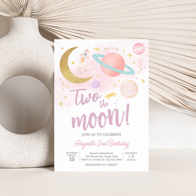 Two the Moon and Stars Birthday Party Invitation (Two the Moon Birthday Party Invitation with Front and Back)