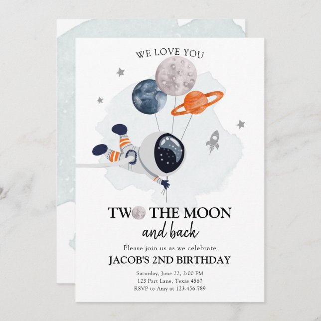 Two The Moon Astronaut Space Boy 2nd Birthday Invi Invitation (Front/Back)