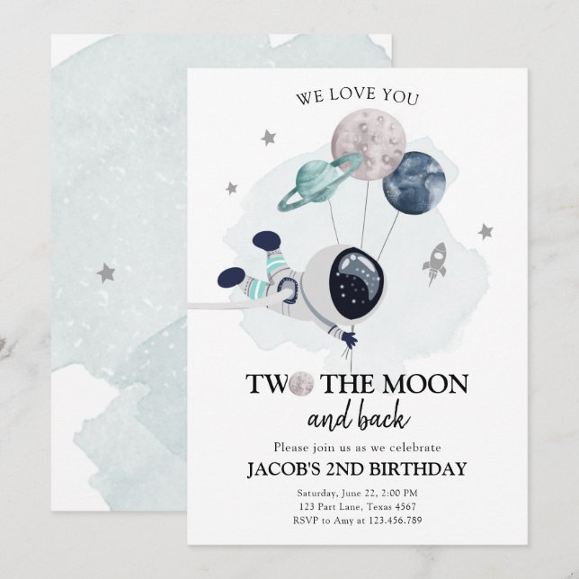 Two The Moon Astronaut Space Boy 2nd Birthday Invitation (Front/Back)
