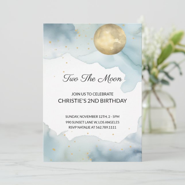 Two the Moon Birthday Invitation Girl Blue (Standing Front)