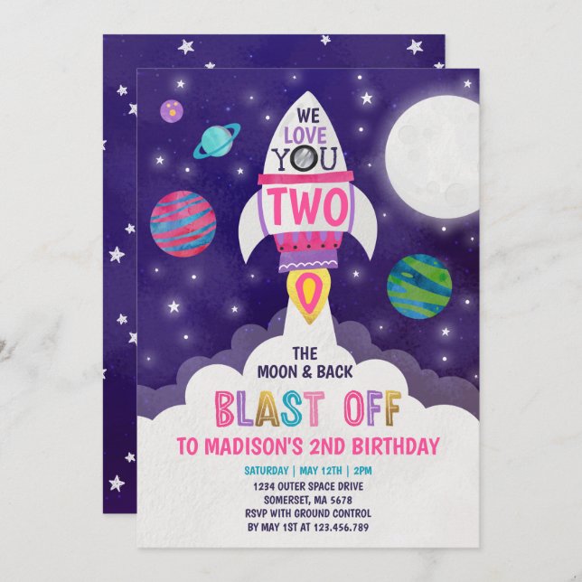 Two The Moon Birthday Invite Loved To Two The Moon (Front/Back)