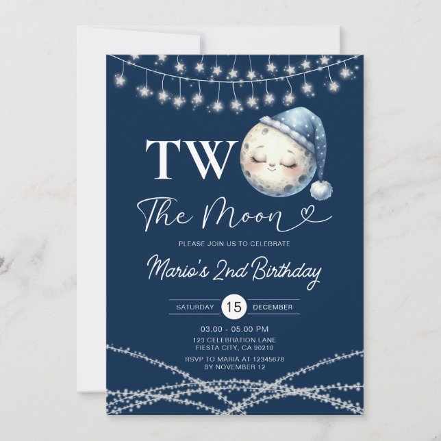 Two The Moon Birthday Party String Lights Invitation (Front)