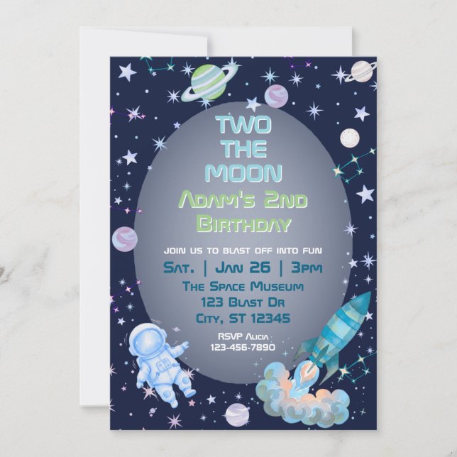 Two The Moon, Blue Green Space 2nd Birthday  Invitation (Front)