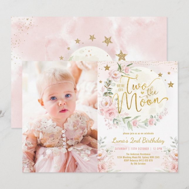 Two the Moon Blush Pink Flowers 2nd Birthday Girl Invitation (Front/Back)
