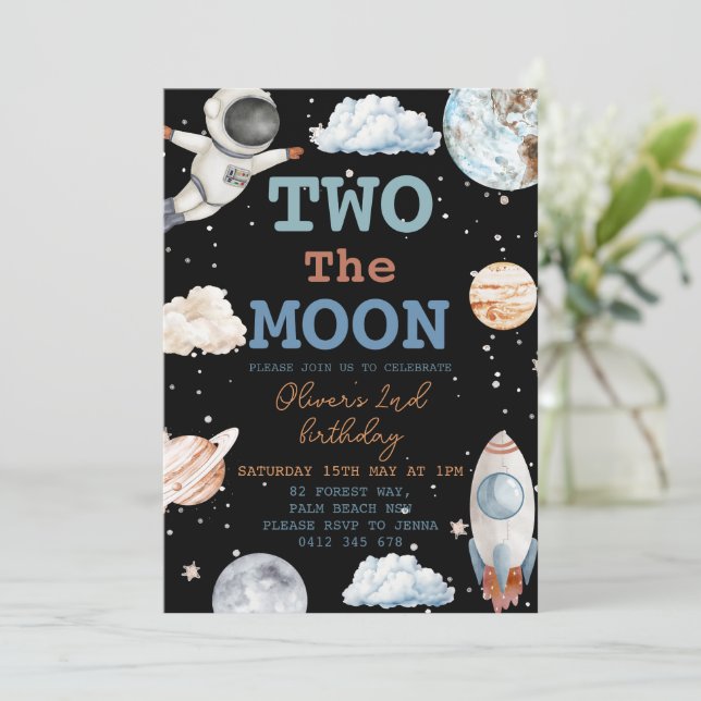 Two the Moon Boy black Space 2nd Birthday Invitation (Standing Front)