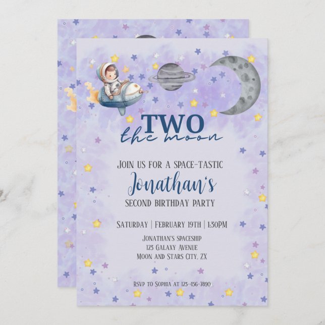 Two The Moon Boy Space Rocket 2nd Birthday  Invitation (Front/Back)