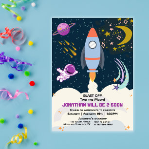 Two The Moon Boy Space Rocket 2nd Birthday  Invitation